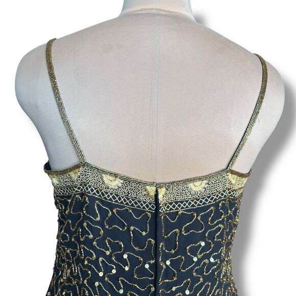 Vintage Beaded Black Gold Drop Waist Metallic Sequin Cocktail Dress Sleeveless 4 - Picture 8 of 14